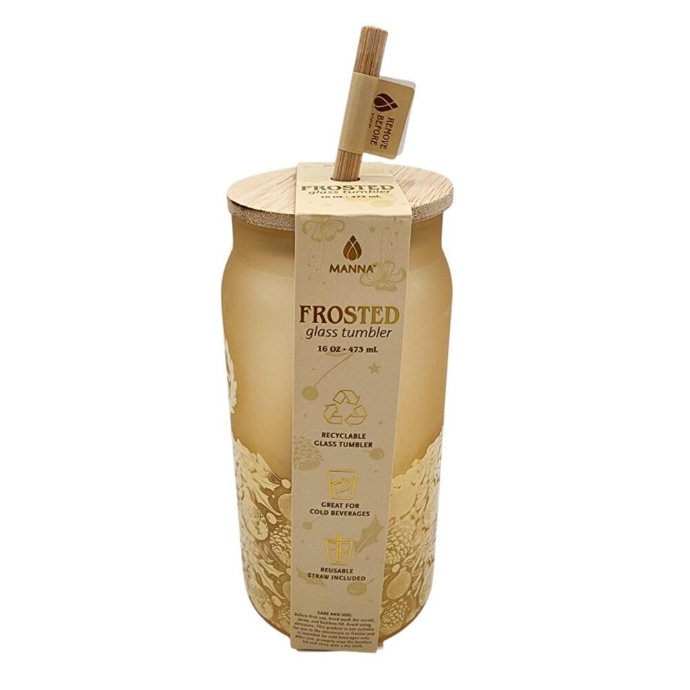 NEW Manna Joy Frosted Glass Gold Tumbler, Reusable Bamboo Lid & Straw, 16 oz.